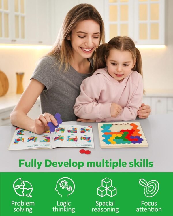 Wooden Tangram Puzzle, Color Shape Pattern Jigsaw Brain Teasers 3D Logic IQ Game Geometric Blocks Montessori STEM Educational Toys Gift for All Age