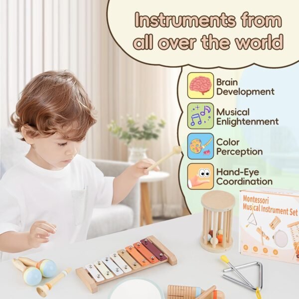 Baby Musical Instruments-Montessori Wooden Toys with Modern Boho Xylophone Tambourine, Neutral Colors Musical Toys for Toddlers 3+,Kids Preschool Educational Birthday Gifts.