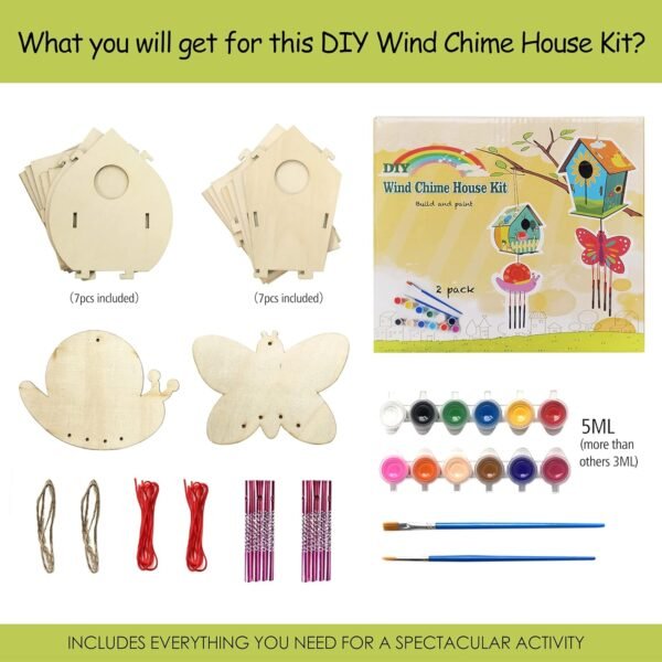 4 Pack DIY Bird House Wind Chime Kits for Children to Build and Paint, Wooden Arts and Crafts for Kids Girls Boys Toddlers Ages 8-12 4-6 6-8, Paint Kit Includes Paints & Brushes