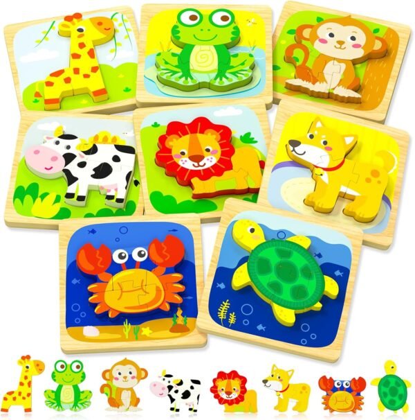 Wooden Toddler Puzzles, 6pcs Animal Montessori Toys for 1-3 Year Old Boys & Girls, Learning Educational Preschool Toys, Great Gifts for 1 2 3 Year Olds