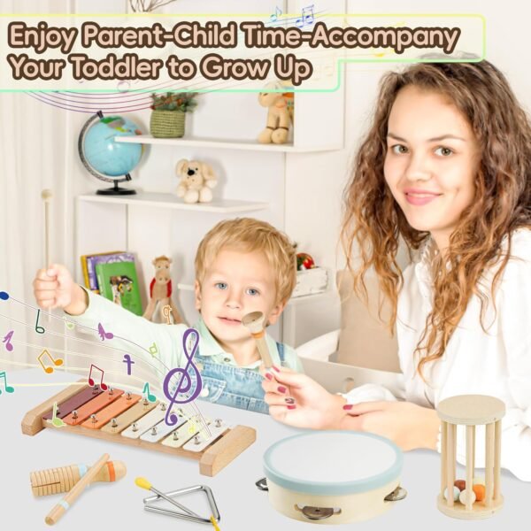 Baby Musical Instruments-Montessori Wooden Toys with Modern Boho Xylophone Tambourine, Neutral Colors Musical Toys for Toddlers 3+,Kids Preschool Educational Birthday Gifts.