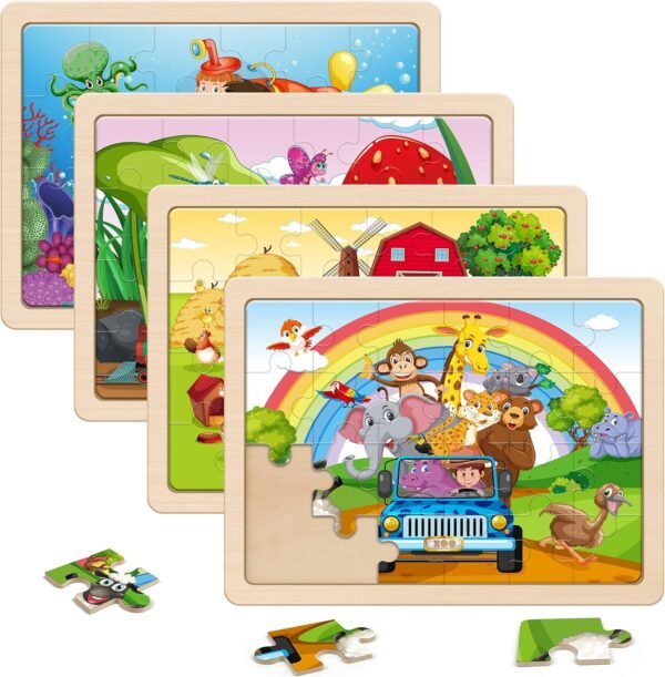 Large Animals Wooden Puzzles for Kids 4 in 1 Gift Box(12.2 * 9.4 in) - FSC Certified, Jigsaw Puzzles for Toddlers 2-4, Puzzles for Kids Ages 4-6, Wood Toys Gifts for 3 4 5 Year Old Boys Girls