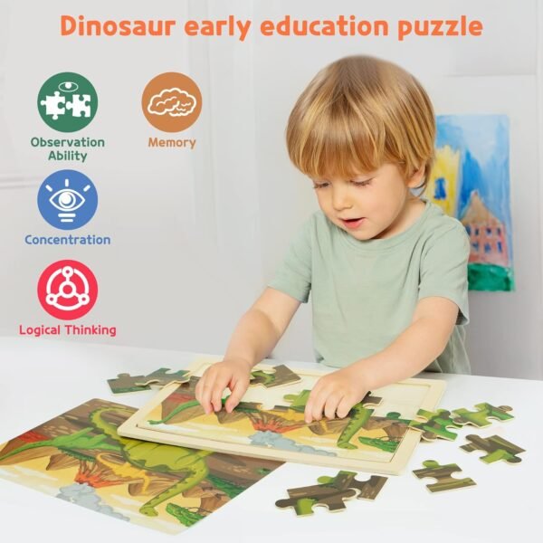 Large Dinosaur Wooden Puzzles for Kids 4 in 1 Gift Box(12.2*9.4 in) - FSC Certified, Jigsaw Puzzles for Toddlers 2-4, Puzzles for Kids Ages 4-6, Dinosaur Toys Gifts for 3 4 5 Year Old Boy Girl
