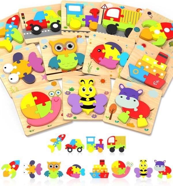 Wooden Toddler Puzzles Gifts Toys for 1 2 3 Years Old Boys Girls, 6 Vehicle Shape Montessori Toys Educational Blocks Kids Toys Gift Baby Learning Toy Age 1-3, 2-4