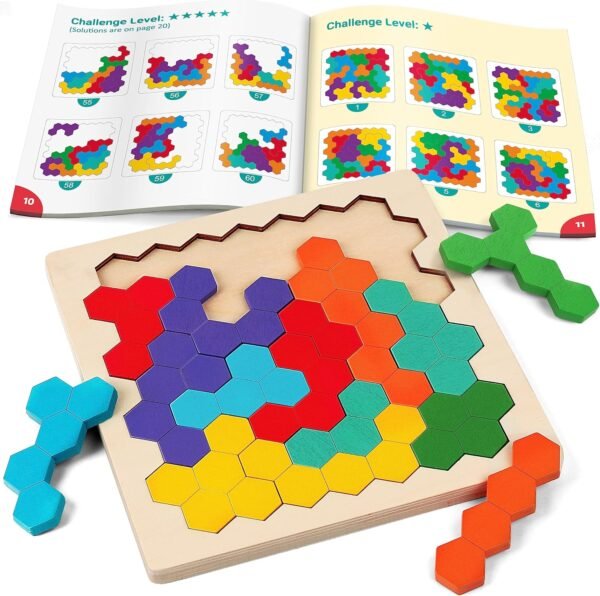 Wooden Tangram Puzzle, Color Shape Pattern Jigsaw Brain Teasers 3D Logic IQ Game Geometric Blocks Montessori STEM Educational Toys Gift for All Age