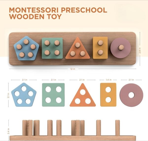 Montessori Toys for 18+ Months Old - Toddlers Wooden Sorting and Stacking Toys for Baby Boys and Girls - Shape Sorter and Color Stacker Preschool Kids Wood Gifts